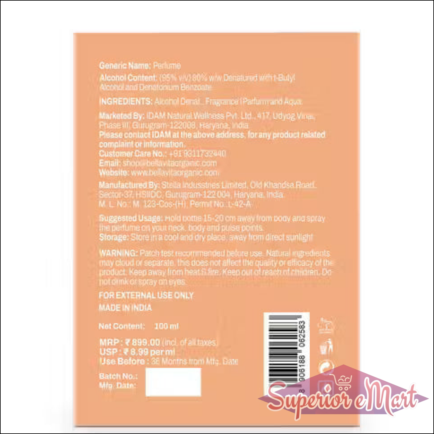 Peach-colored Bella Vita Organic perfume box back with white text for ingredients, 100ml net volume, and barcode.