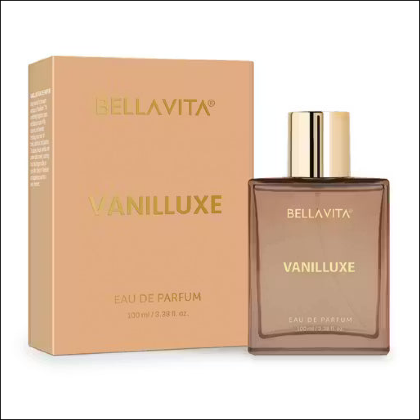 Bellavita Vanilluxe 100ml Eau de Parfum: Amber glass bottle with gold cap and peach box with gold lettering.