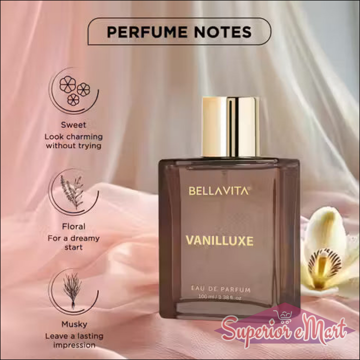 BellaVita Vanilluxe Eau De Parfum in brown glass bottle with gold cap. Lists sweet, floral, and musky scent notes.