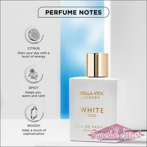Bella Vita Luxury White Oud perfume in a white bottle with gold cap. Scent notes: citrus, spicy, and woody.