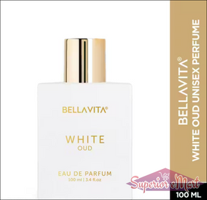 BellaVita White Oud 100ml unisex perfume in an opaque white rectangular bottle with a gold cap and gold lettering.