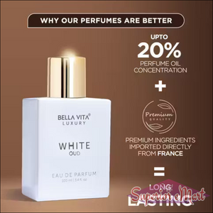 Bella Vita White Oud perfume in white bottle with gold cap. Text: 20% oil, French ingredients, and long-lasting.