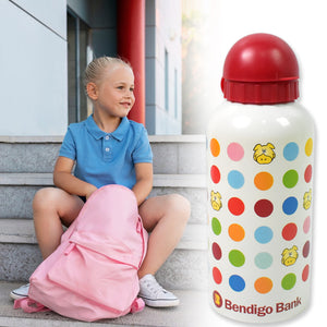 Colorful Aluminium Metal Sports Water Bottle 1 Pc 350 ml next to a child with a pink backpack