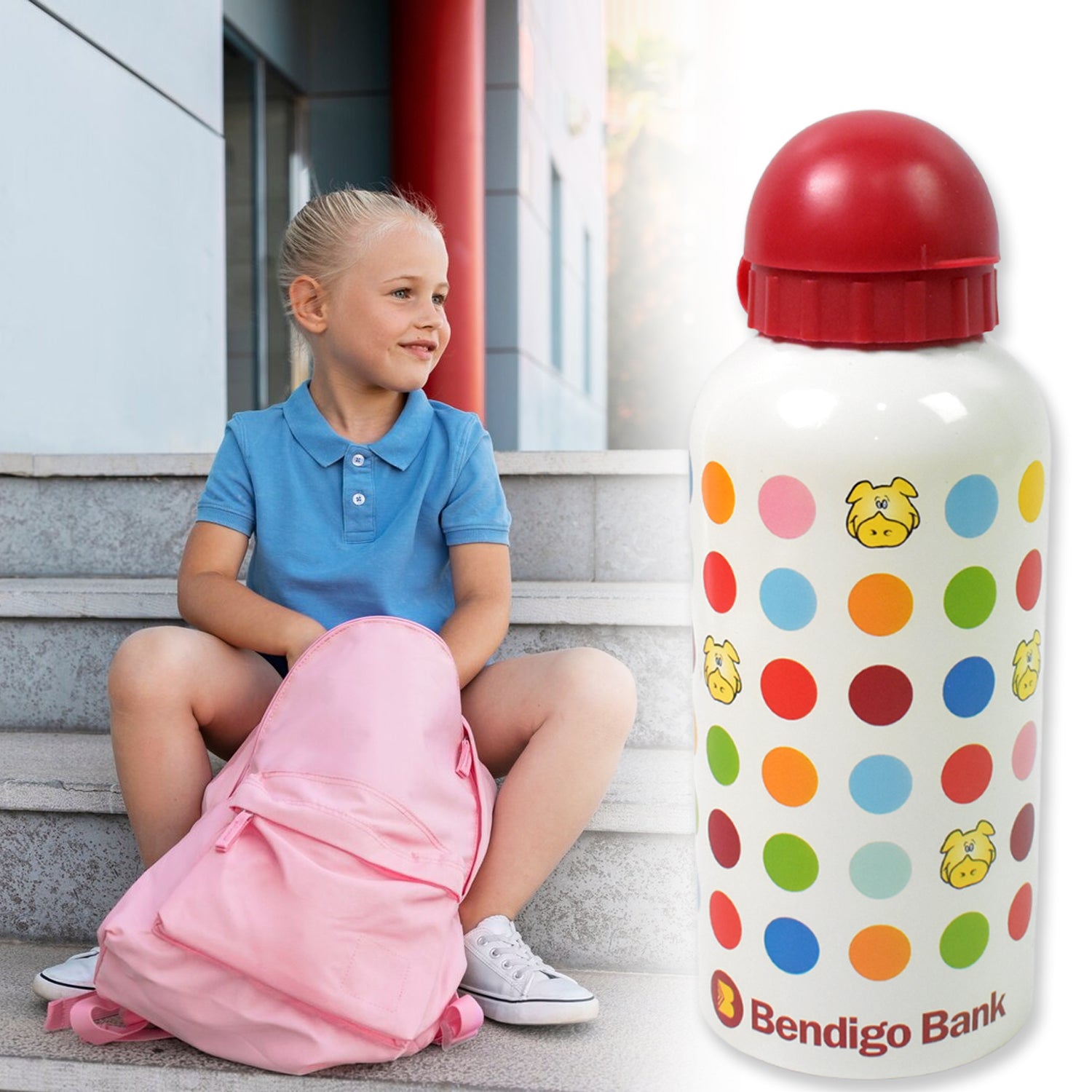 Colorful Aluminium Metal Sports Water Bottle 1 Pc 350 ml next to a child with a pink backpack