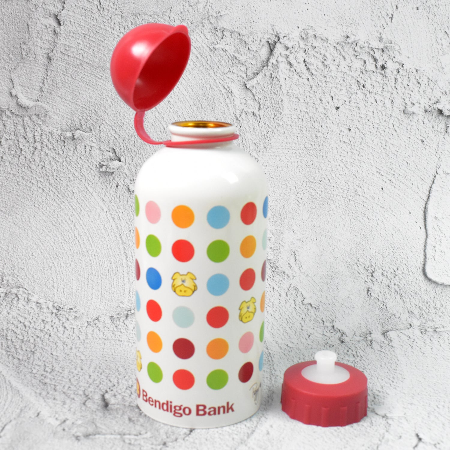 Aluminium Metal Sports Water Bottle 1 Pc 350 ml with colorful polka dots and a removable red cap