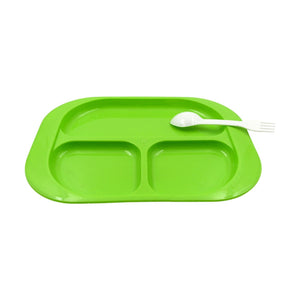 Green biodegradable kids plates with compartments and a white spoon for mealtime convenience