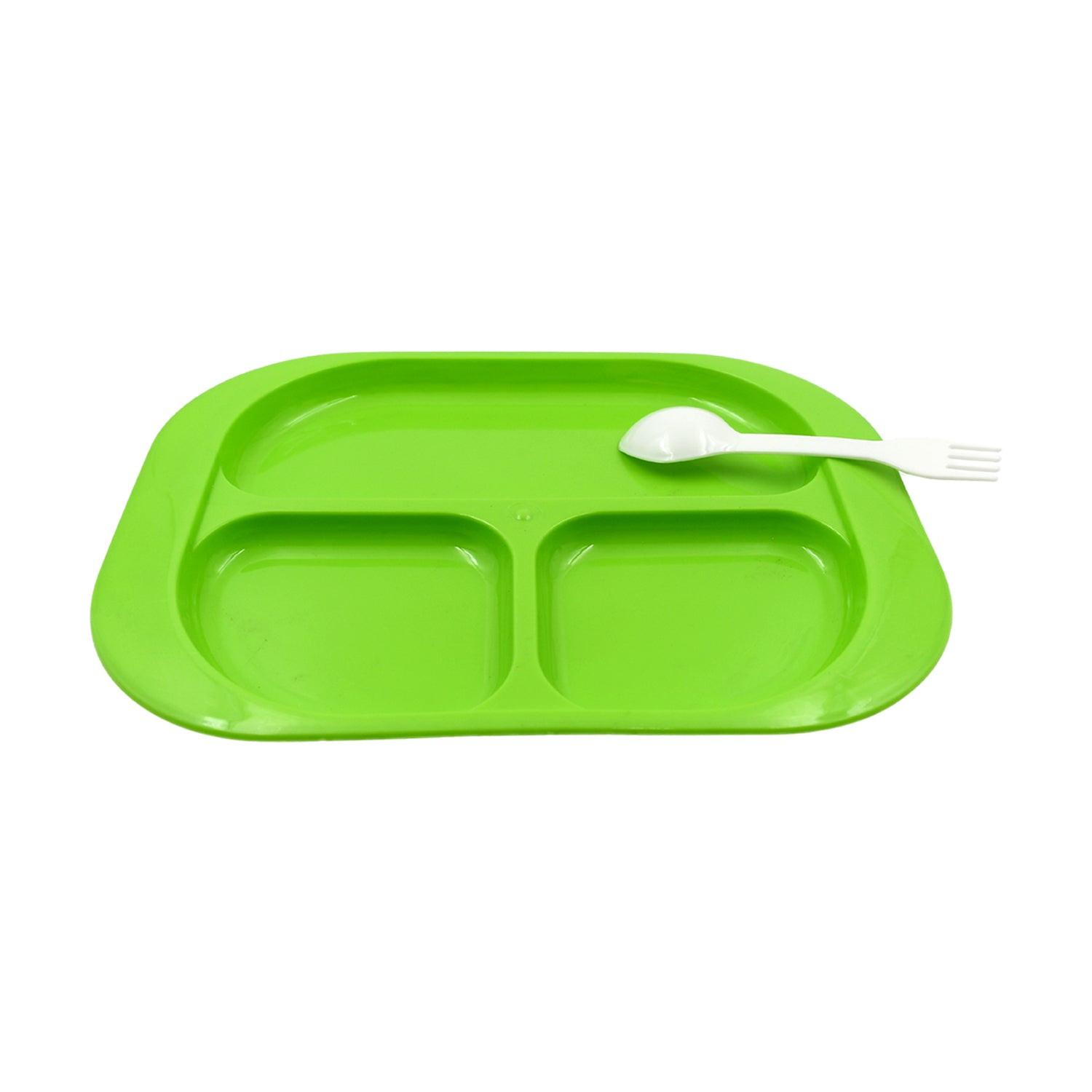Green biodegradable kids plates with compartments and a white spoon for mealtime convenience