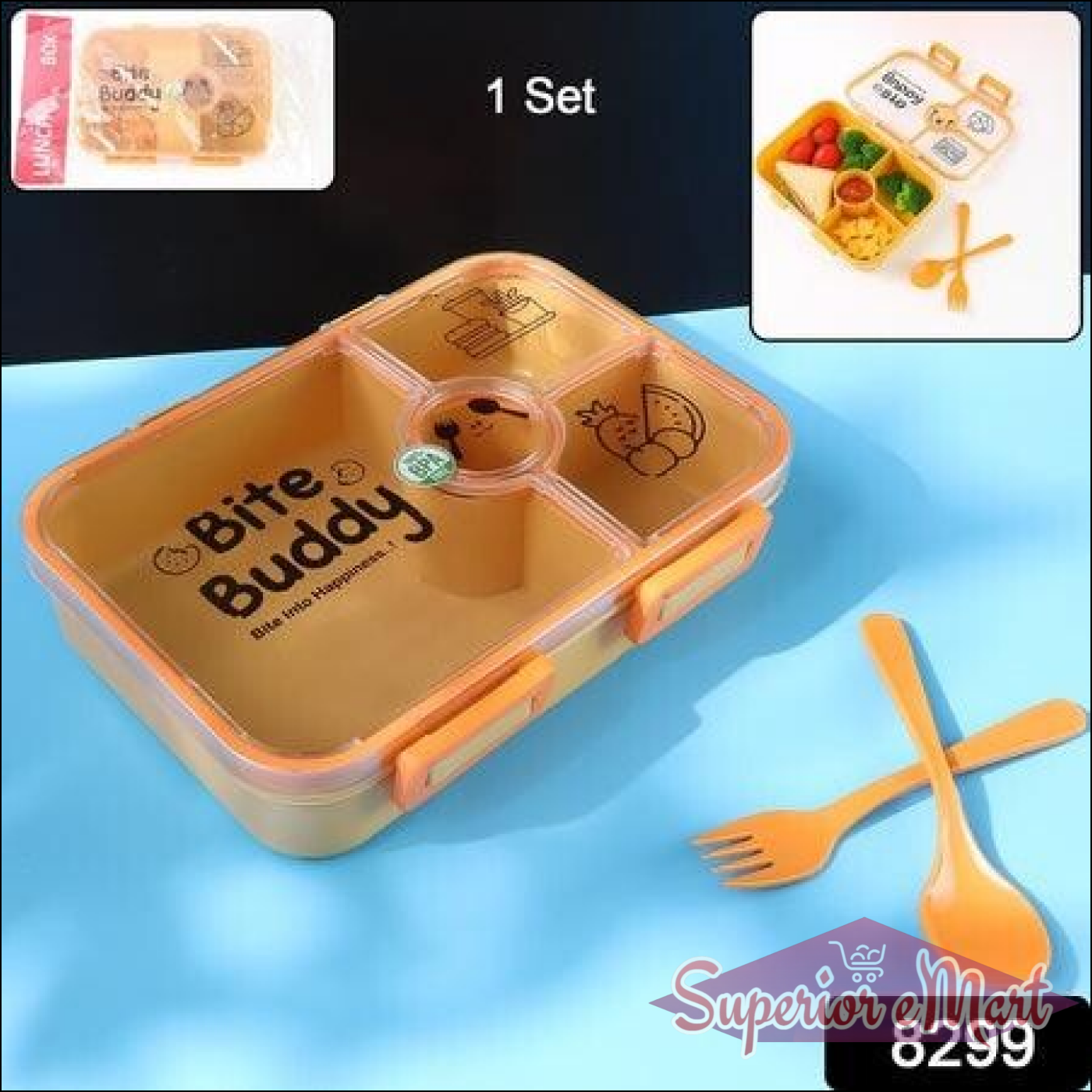 Bite Buddy leak resistant lunch box with compartments in bright orange for easy meal organization