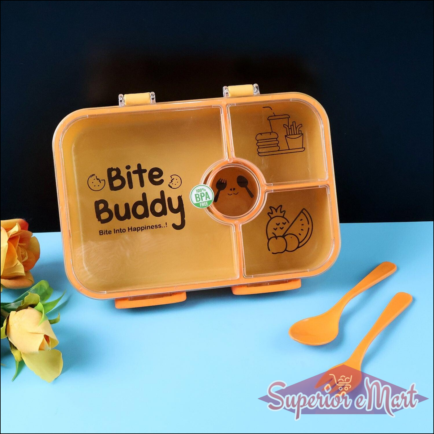 Leak resistant lunch box with compartments in orange for organized meal prep and on-the-go convenience