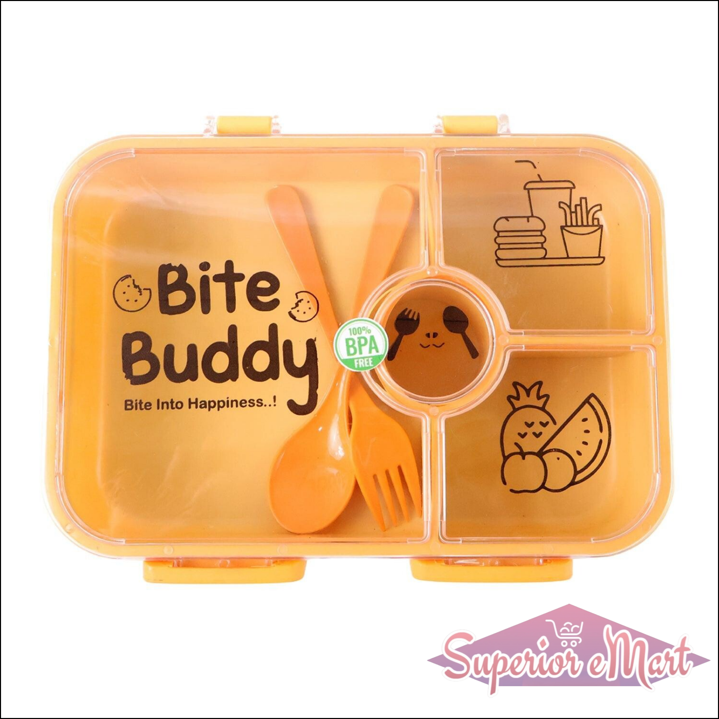 Bite Buddy leak resistant lunch box with compartments in orange with included utensils for easy meal packing