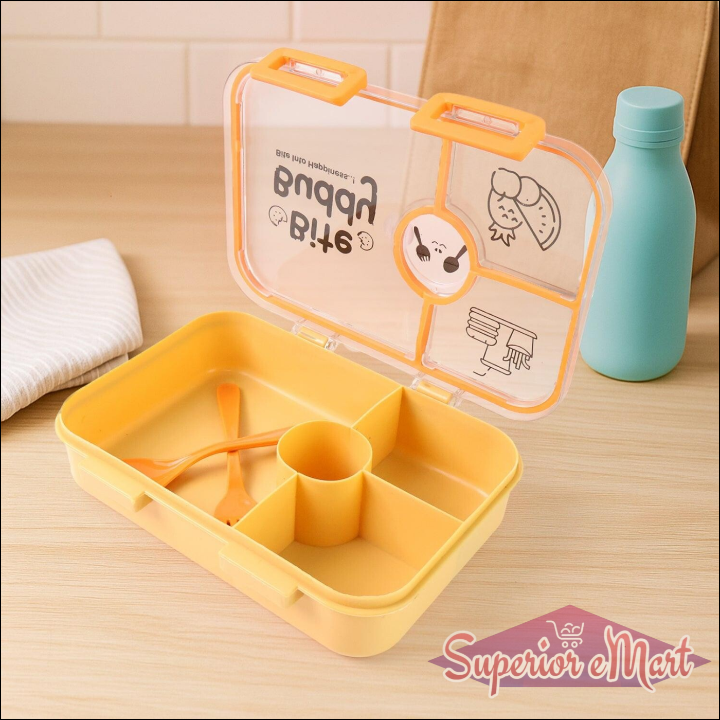 Leak resistant lunch box with compartments in yellow with a transparent lid and utensils included