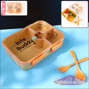 Bite Buddy leak resistant lunch box with compartments featuring bright orange design and included utensils