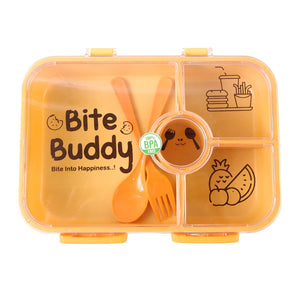Bite Buddy leak resistant lunch box with compartments in orange with included utensils for easy meal packing