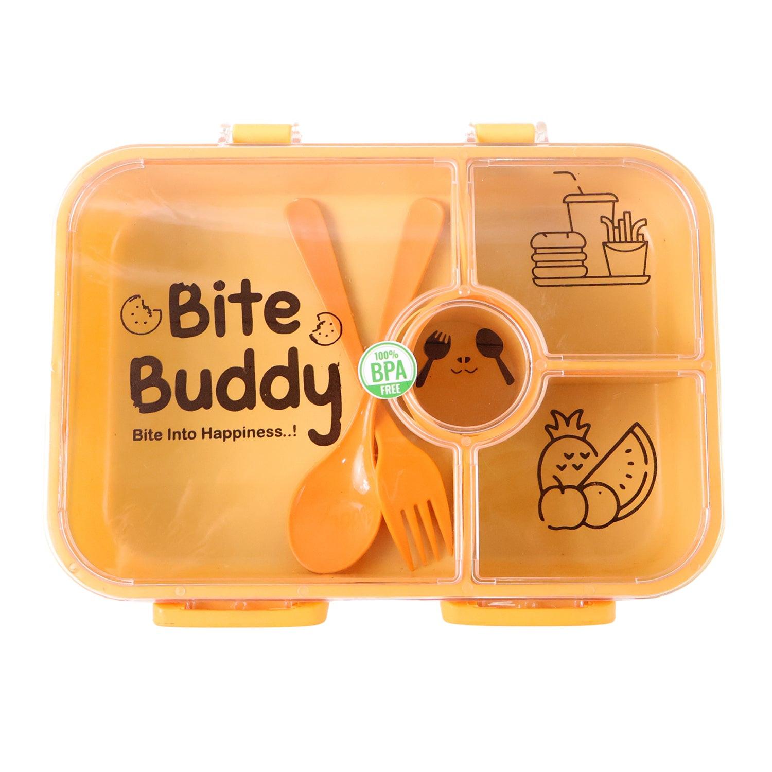 Bite Buddy leak resistant lunch box with compartments in orange with included utensils for easy meal packing
