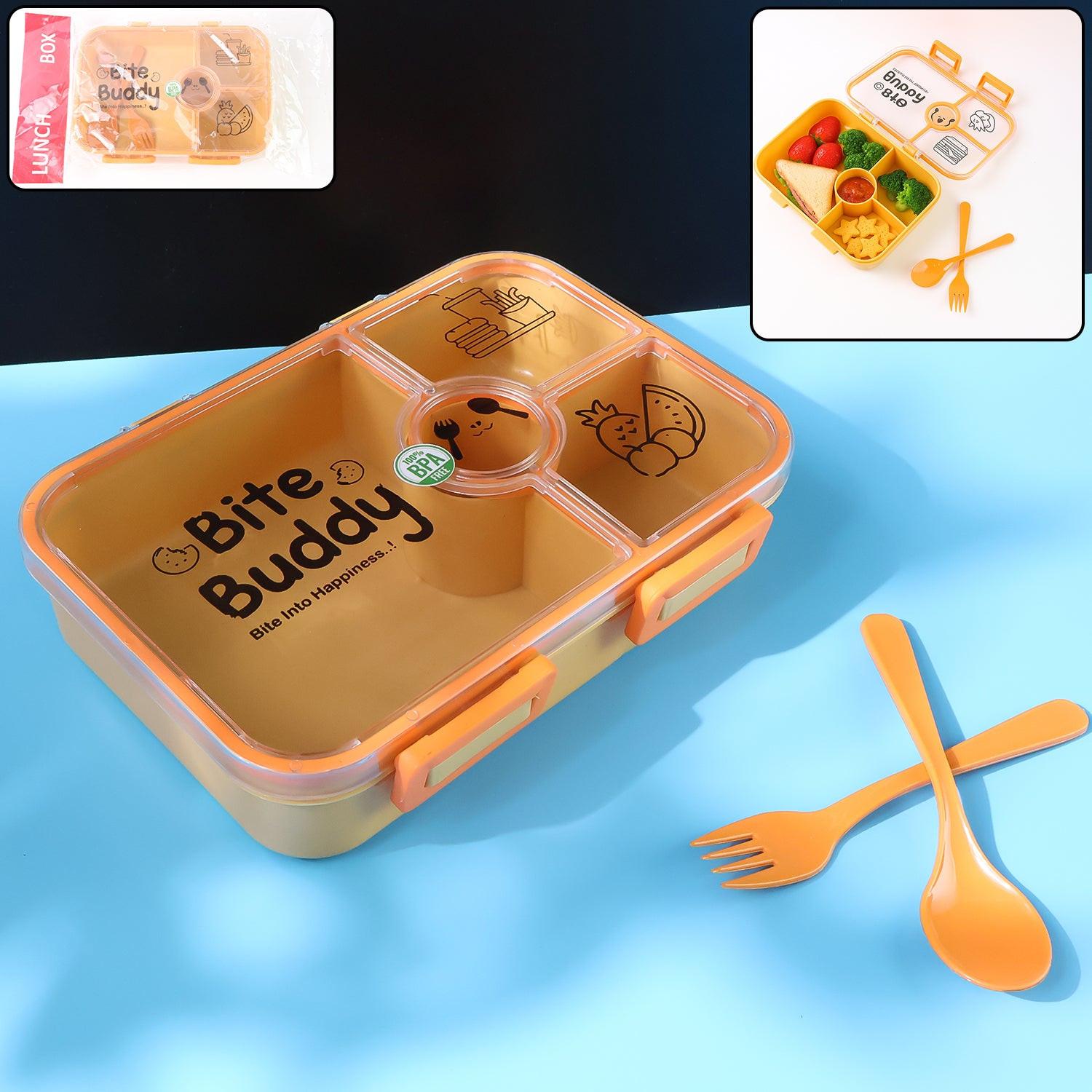 Bite Buddy leak resistant lunch box with compartments featuring bright orange design and included utensils