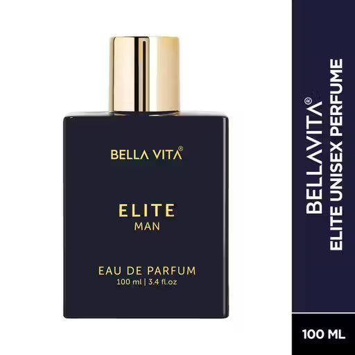 Bella Vita Elite Man 100ml Eau De Parfum in a dark navy rectangular bottle with gold text and a metallic gold cap.