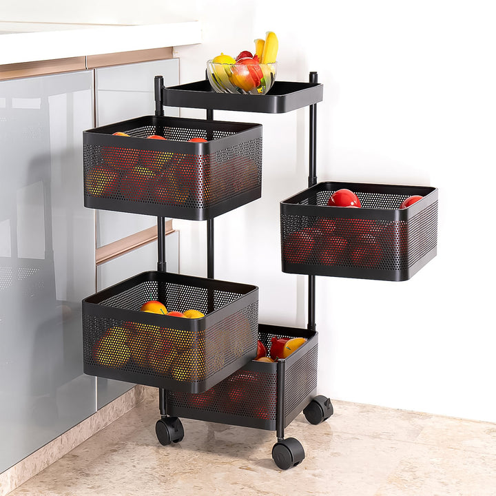 Superior eMart 4 layer kitchen storage cart in black metal with wheels holding fruits in a modern kitchen