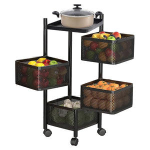 Superior eMart 4 layer kitchen storage cart with black metal baskets and wheels holding fruits and cookware