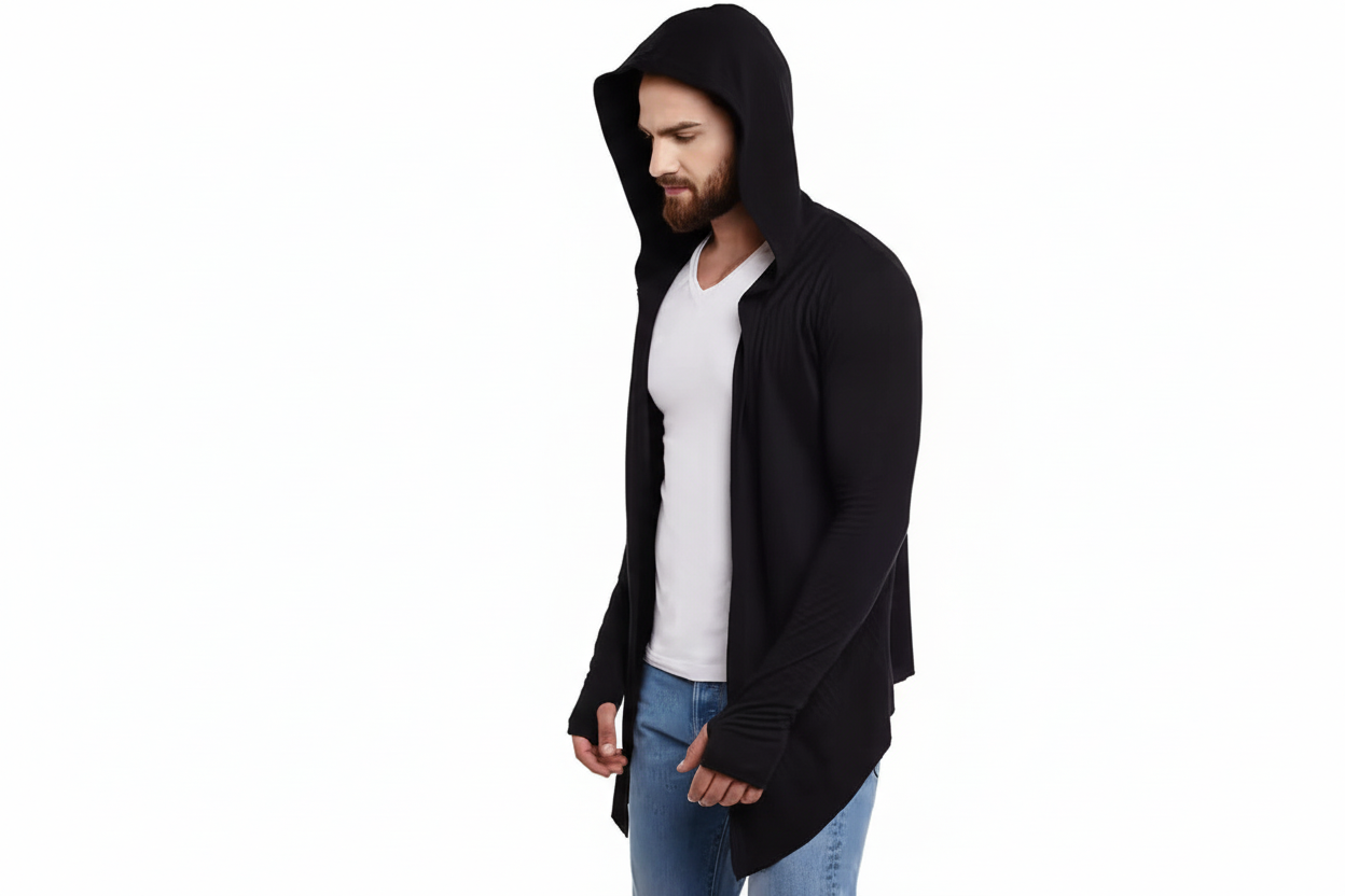 Man wearing a black hooded cardigan over a white shirt on a white background