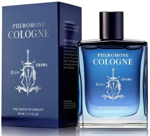 Men's pheromone cologne in a blue glass bottle with a sleek design and luxurious packaging