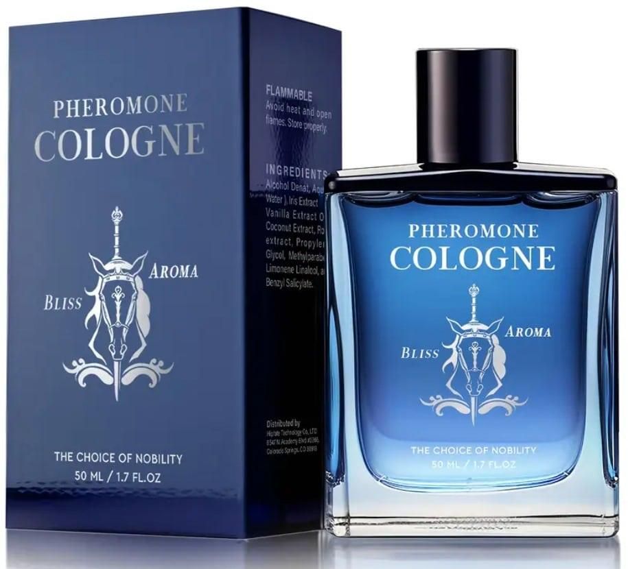 Men's pheromone cologne in a blue glass bottle with a sleek design and luxurious packaging