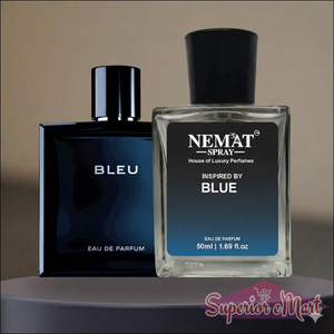 Two perfume bottles, one labeled 'BLEU' and the other 'Nemat Spray Inspired by Blue', on a neutral background.