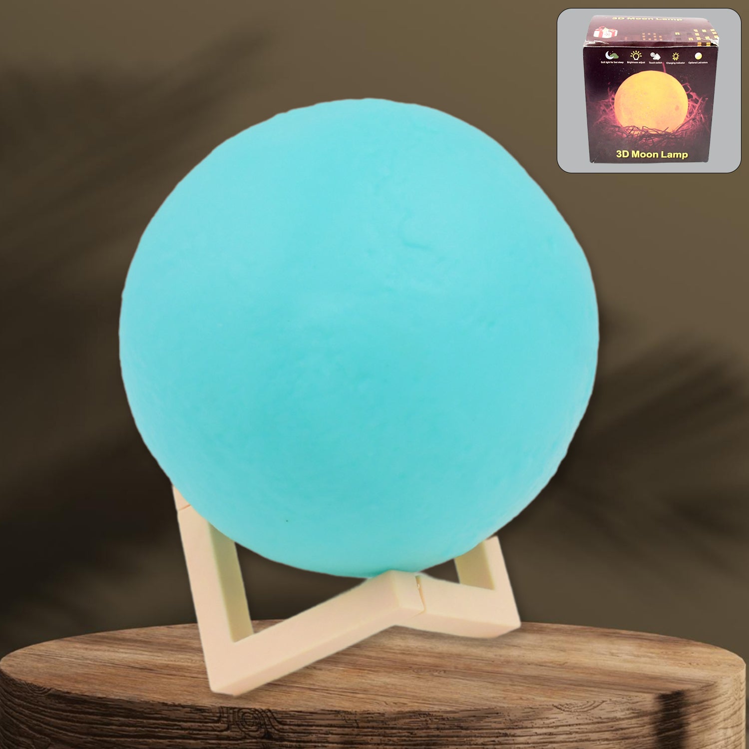 Blue moon night lamp with 3D design on a wooden stand for a calming home decor ambiance