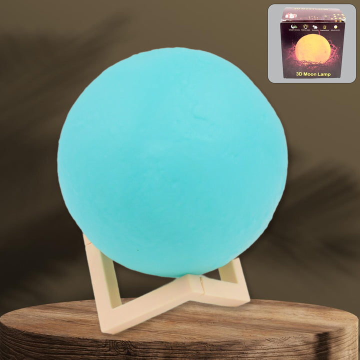 Blue moon night lamp with 3D design on a wooden stand for a calming home decor ambiance