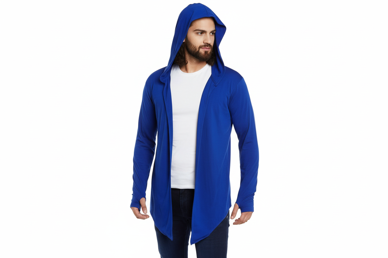Man wearing a blue hooded cardigan over a white shirt on a white background