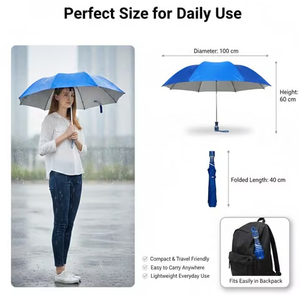 A promotional product graphic for a blue umbrella. On the left, a woman stands in the rain holding the open umbrella.