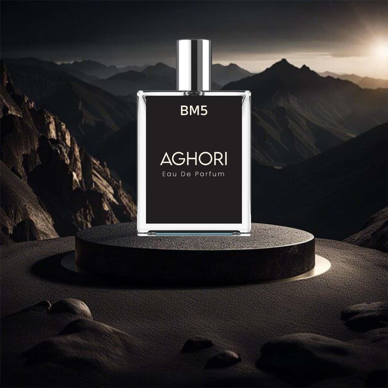 AGHORI The Mystical Perfume in a sleek bottle displayed on a mountain backdrop