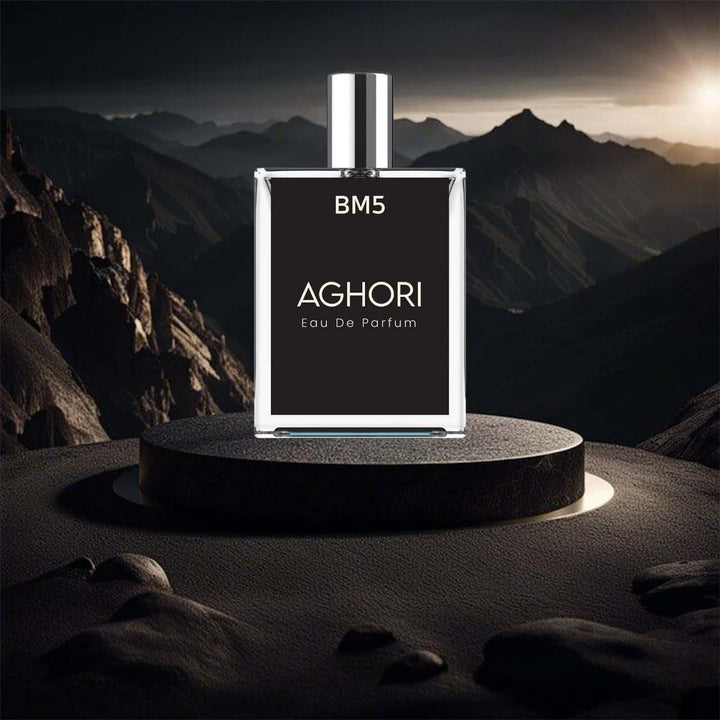 AGHORI The Mystical Perfume bottle on a mountain backdrop, showcasing elegance and allure