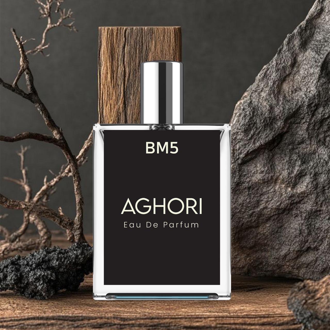 AGHORI The Mystical Perfume in a sleek bottle with wood and stone background for a natural essence