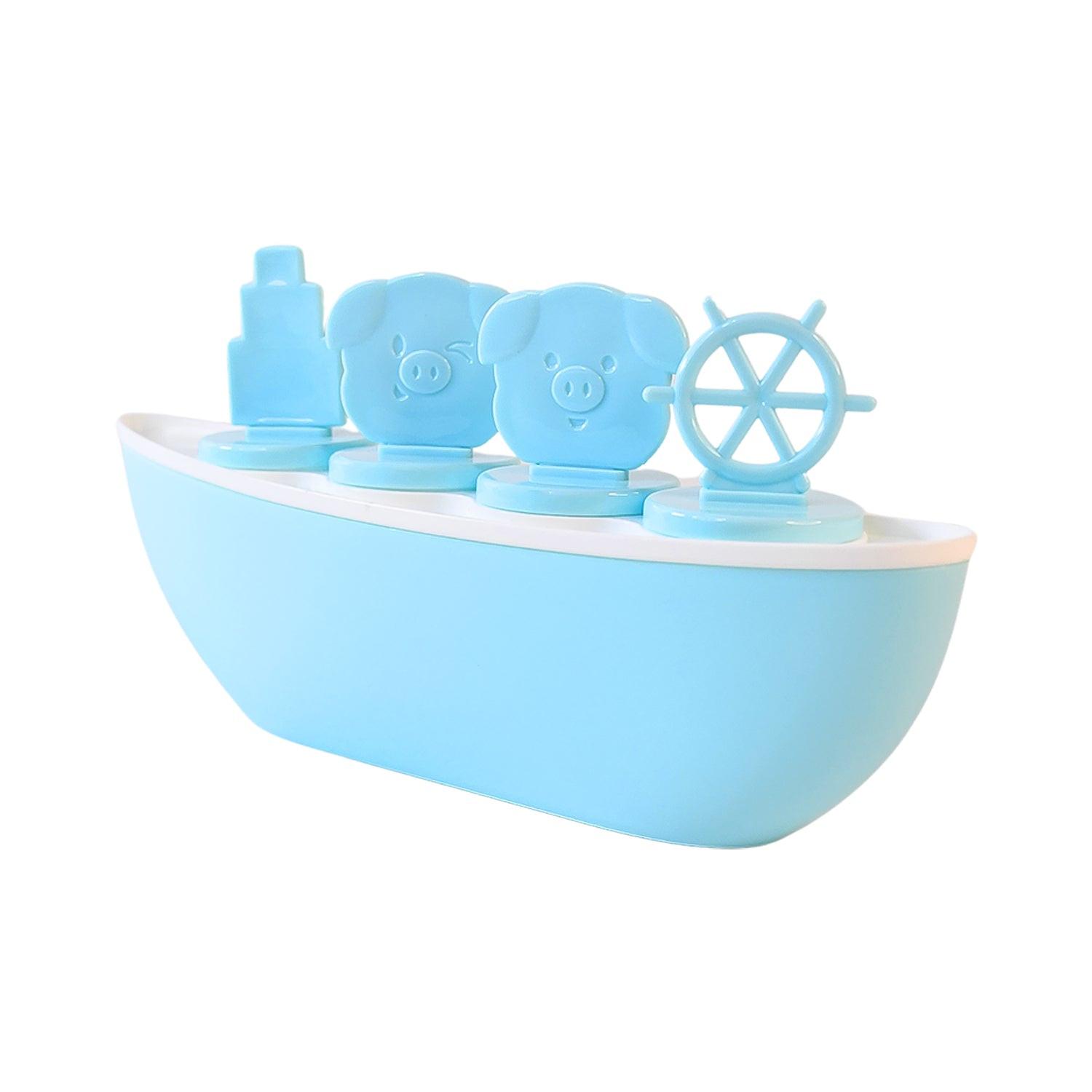 Boat shaped ice cream mold in blue with fun animal designs for making creative ice pops