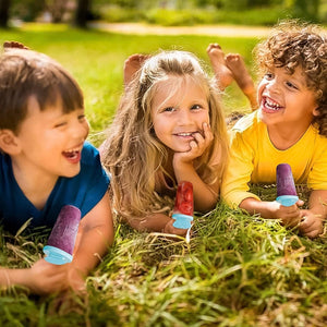 Children enjoying homemade ice cream with boat shaped ice cream mold in a sunny outdoor setting