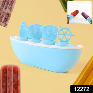 Boat shaped ice cream mold in blue with fun character tops for creative frozen treats