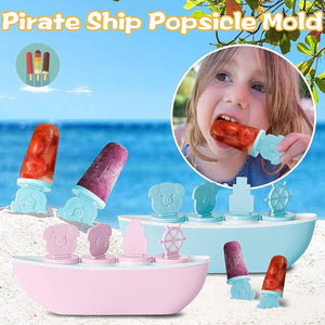 Boat shaped ice cream mold in pink and blue with pirate ship design for fun popsicle making