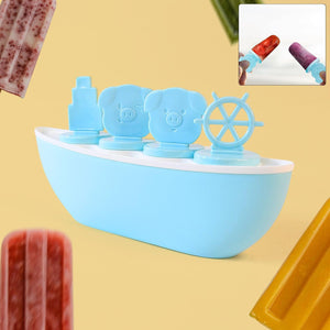 Boat shaped ice cream mold in blue with fun character designs for making frozen treats
