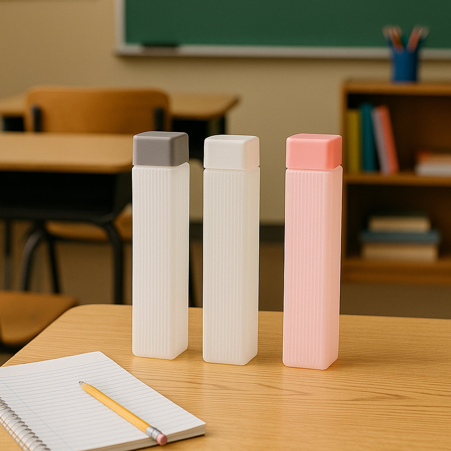 Superior eMart BPA-free hydration water bottles in gray white and pink on desk with notebook