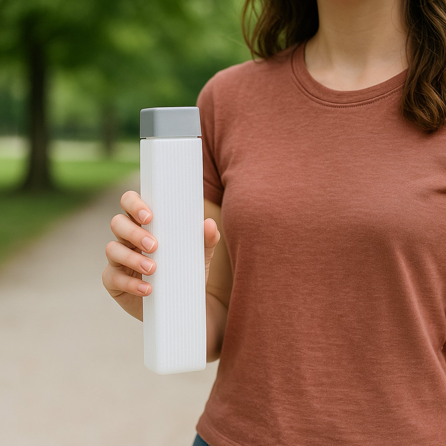 Woman holding a white BPA-free hydration water bottle with gray cap outdoors