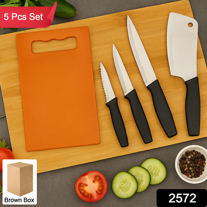 Superior eMart 5-piece cutting board with knives set including various kitchen knives and orange cutting board on wooden surface