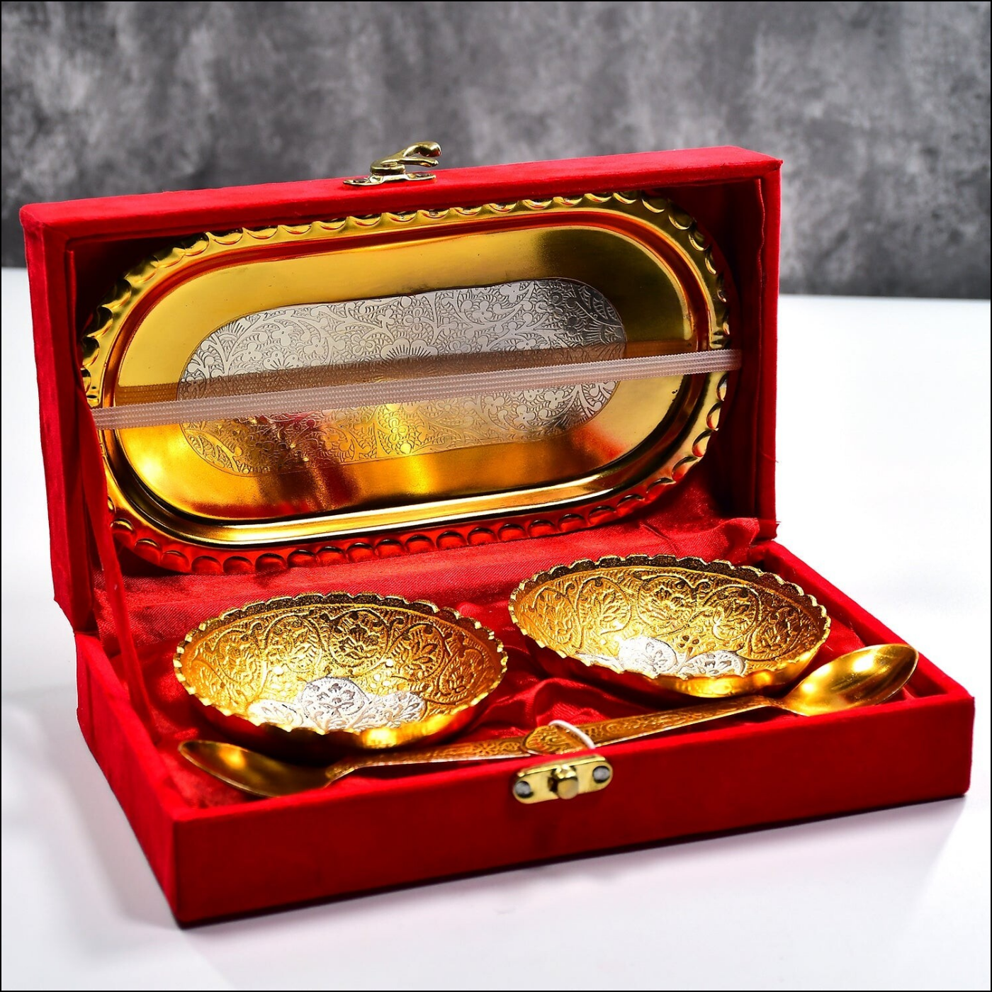2 Bowl 2 Spoon Tray Set Brass With Red Velvet Gift Box Serving Dry Fruits Desserts Gift - Superior eMart