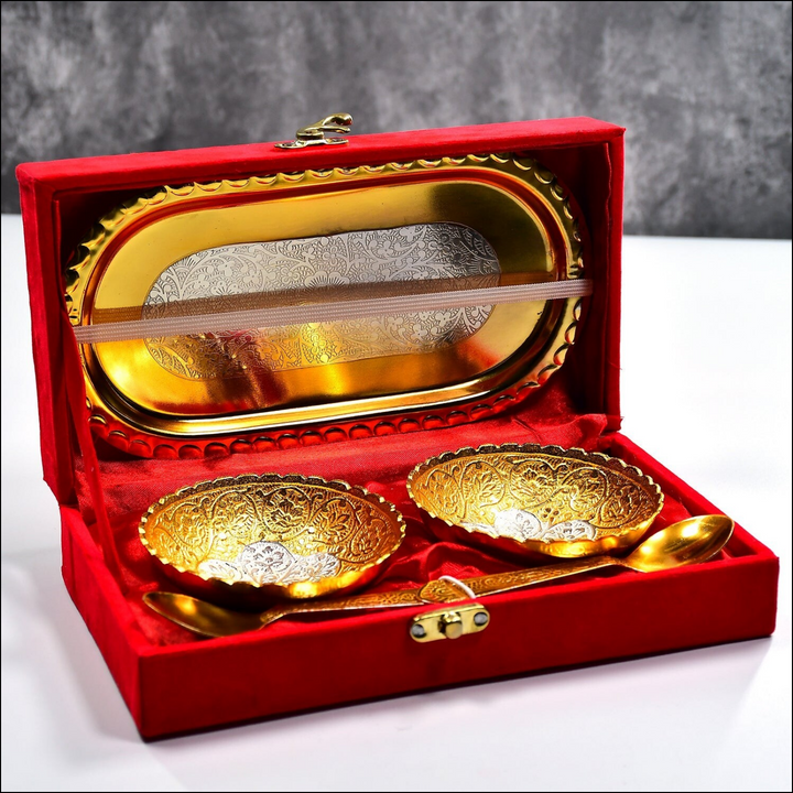 2 Bowl 2 Spoon Tray Set Brass With Red Velvet Gift Box Serving Dry Fruits Desserts Gift - Superior eMart