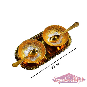 2 Bowl 2 Spoon Tray Set Brass With Red Velvet Gift Box Serving Dry Fruits Desserts Gift - Superior eMart