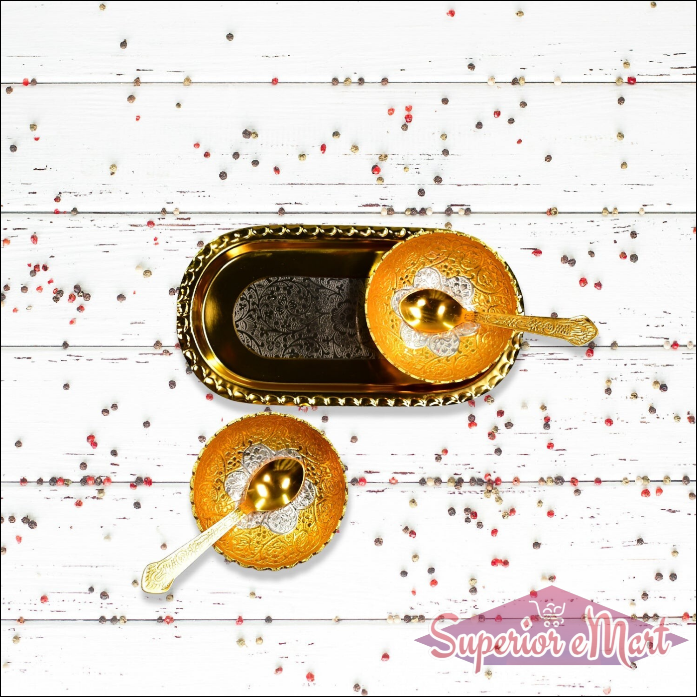 2 Bowl 2 Spoon Tray Set Brass With Red Velvet Gift Box Serving Dry Fruits Desserts Gift - Superior eMart