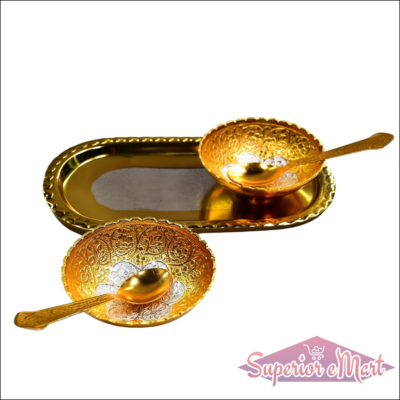 2 Bowl 2 Spoon Tray Set Brass With Red Velvet Gift Box Serving Dry Fruits Desserts Gift - Superior eMart