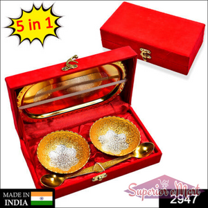 2 Bowl 2 Spoon Tray Set Brass With Red Velvet Gift Box Serving Dry Fruits Desserts Gift - Superior eMart