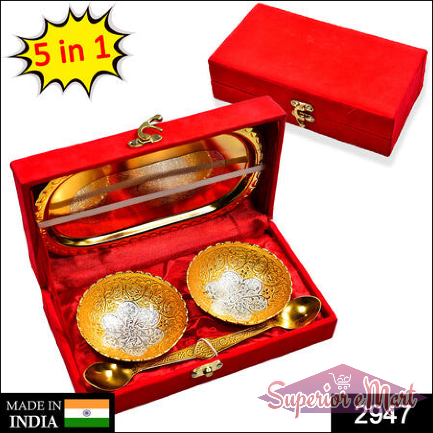 2 Bowl 2 Spoon Tray Set Brass With Red Velvet Gift Box Serving Dry Fruits Desserts Gift - Superior eMart