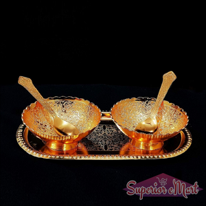 2 Bowl 2 Spoon Tray Set Brass With Red Velvet Gift Box Serving Dry Fruits Desserts Gift - Superior eMart