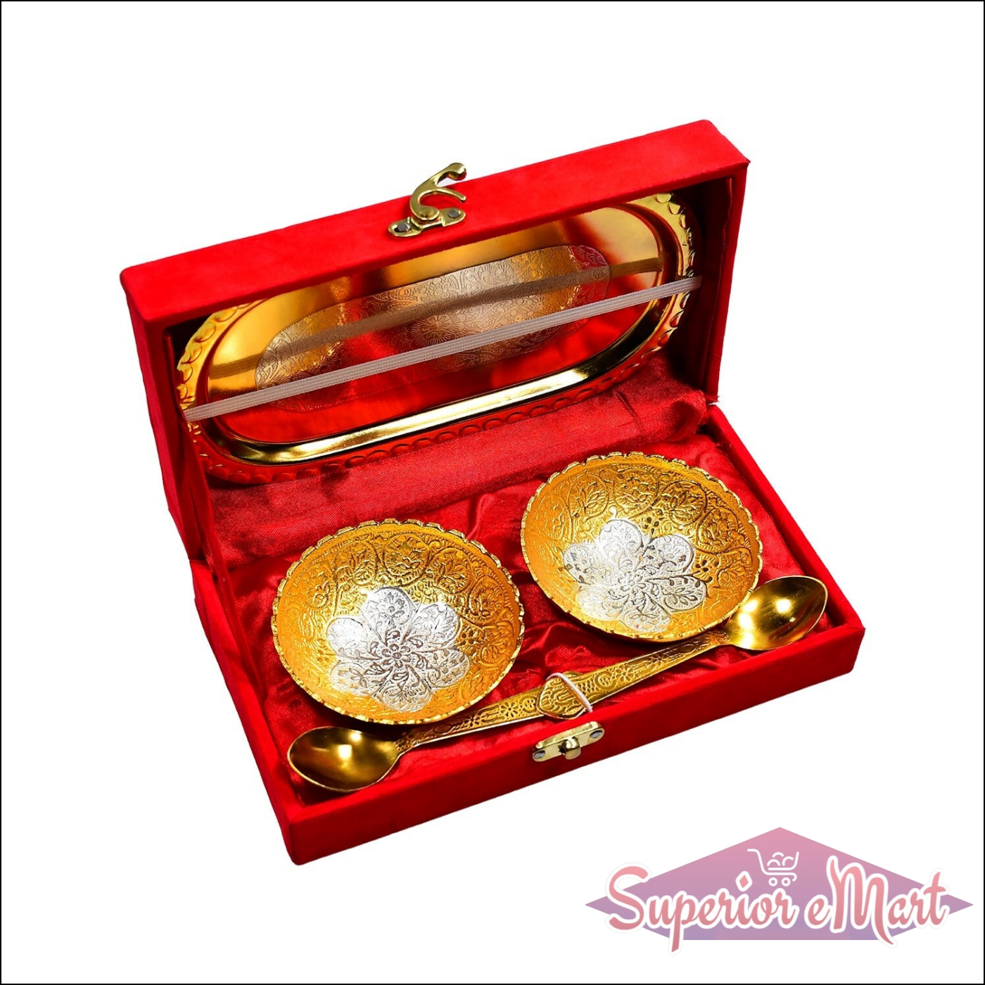 2 Bowl 2 Spoon Tray Set Brass With Red Velvet Gift Box Serving Dry Fruits Desserts Gift - Superior eMart